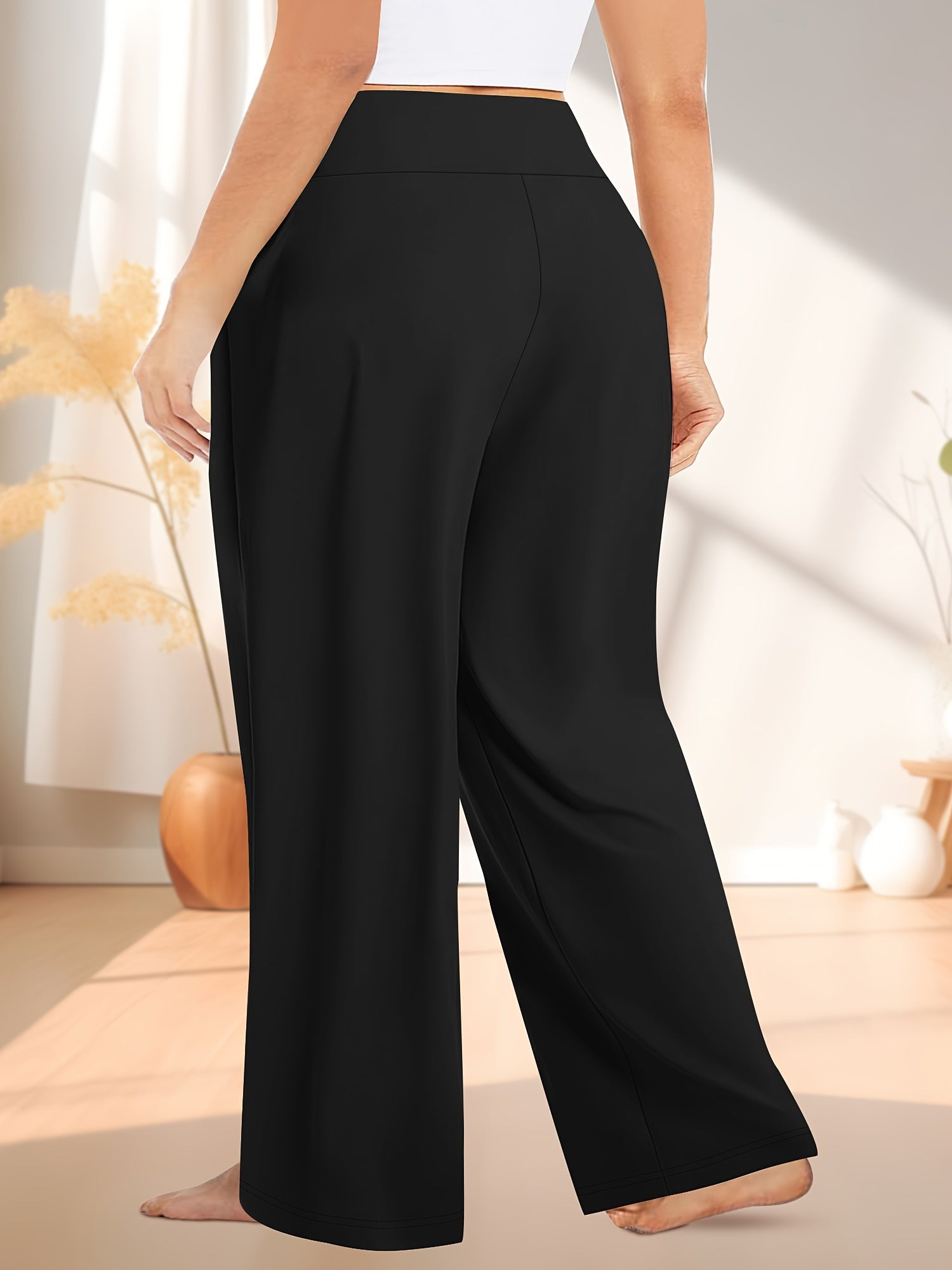 Pantalones de punto de talla grande de cintura alta y pierna ancha, casual, de poliéster, para todas las estaciones