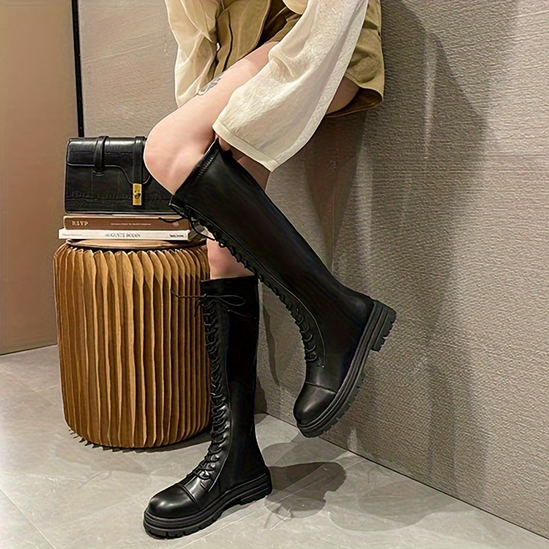 Women's Knee-High Leather Boots Casual Winter Ankle Boots with Mid-Heel