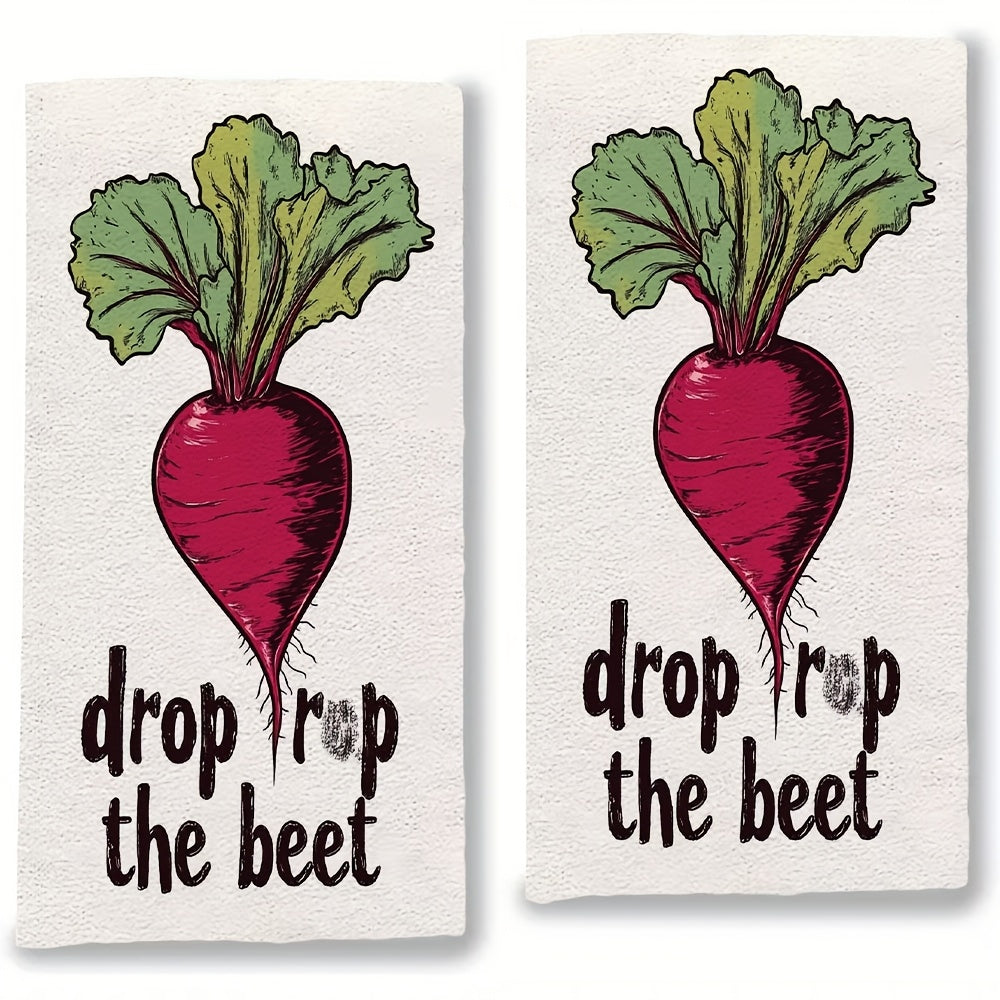 2 Pack Ultra Soft Polyester Kitchen Towels with Drop the Beet Design, Absorbent