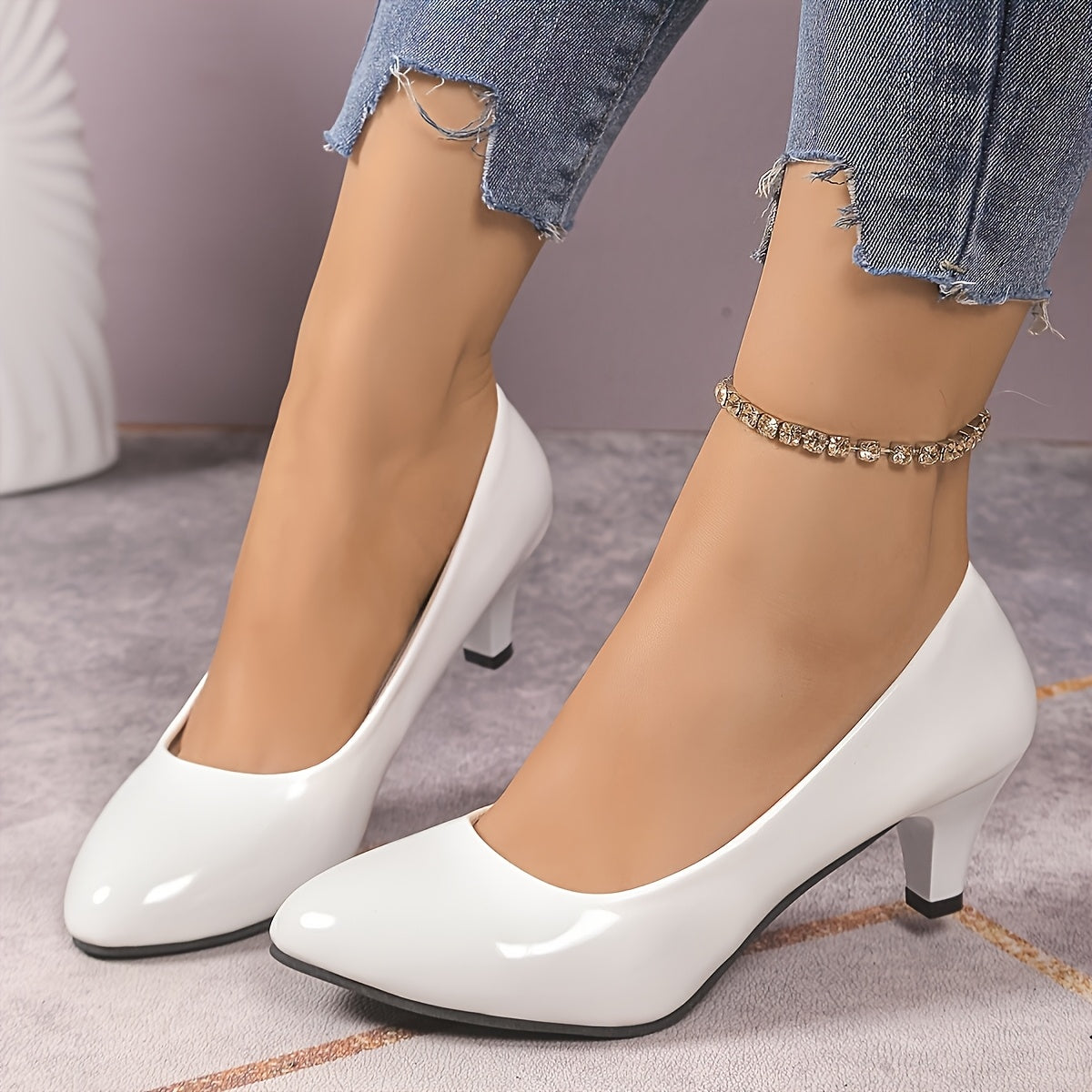 Women's Black Pointed Toe High Heel Pumps with Ankle Strap