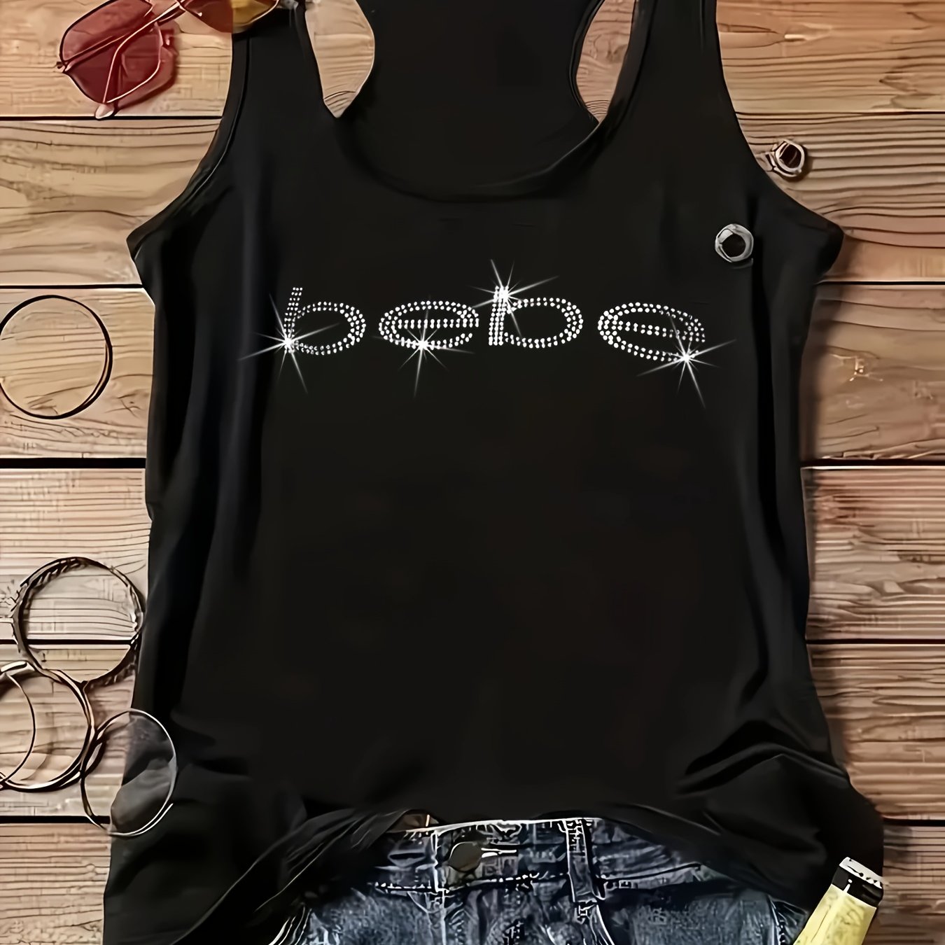 Женская майка большого размера с камнями, повседневная с круглым вырезом и геометрическим узором