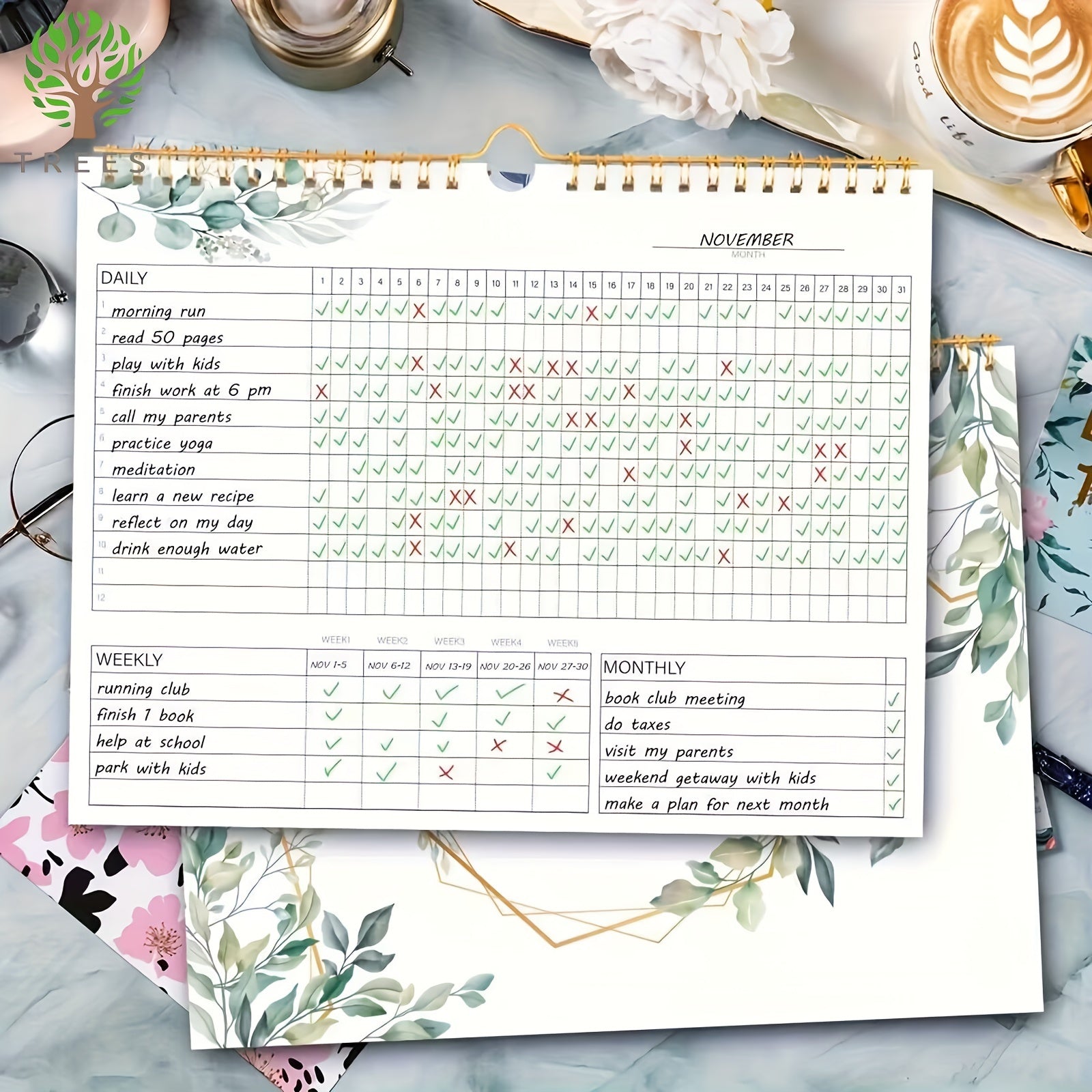 Undated Spiral Habit Tracker Planner with Plant Pages 25.4x20.32 cm 160gsm Paper