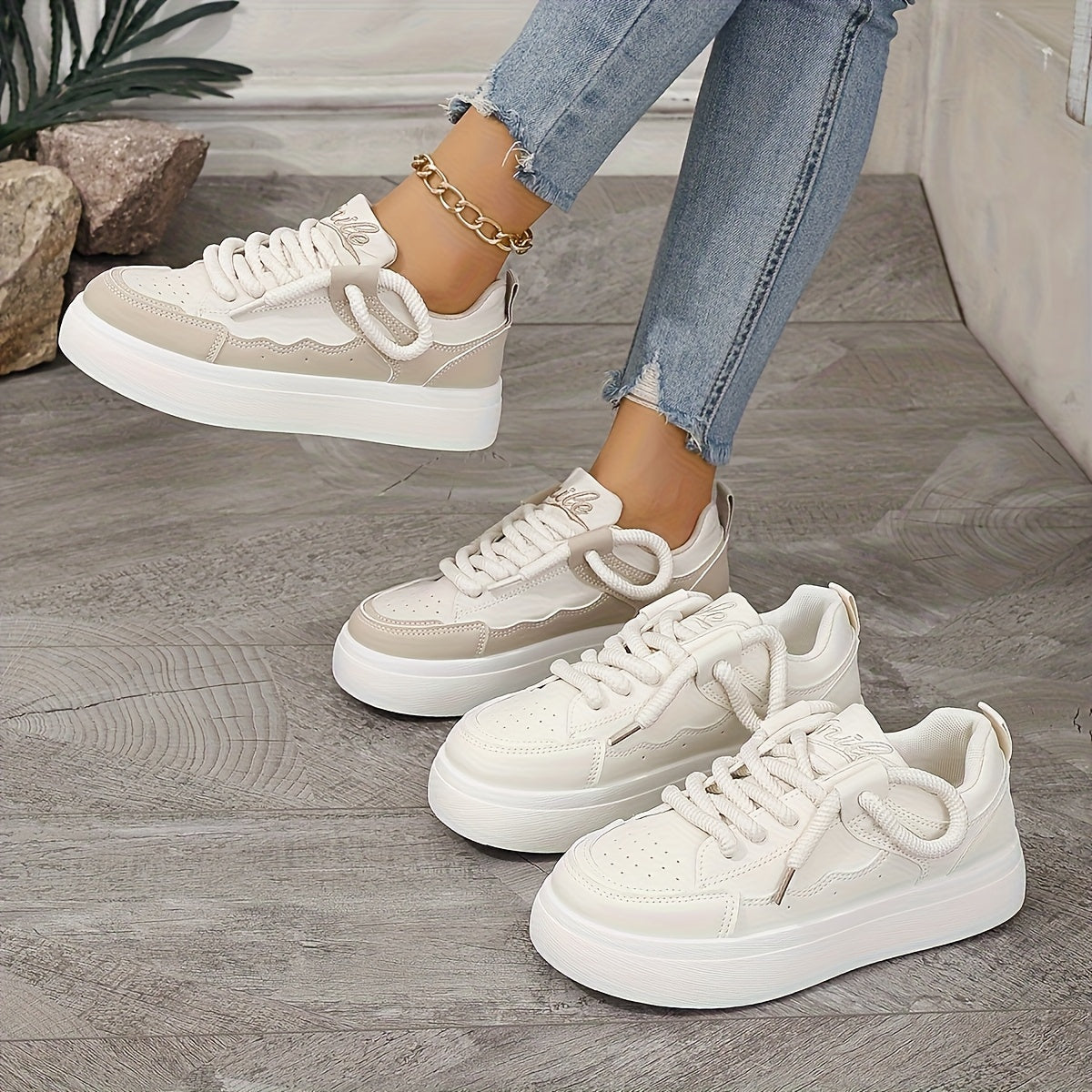 Women's Casual Sneakers Flat Shoes White Beige Lace-Up All Season