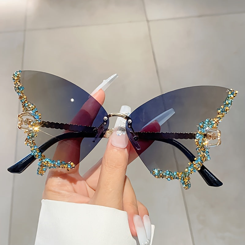 Women's Butterfly Rimless Fashion Glasses with Rhinestones for Costume Parties and Proms