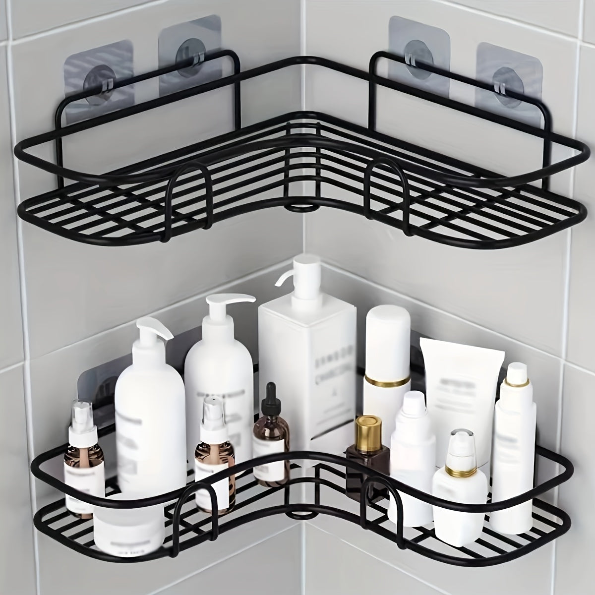 Black Wall-Mounted Bathroom Storage Rack with Hooks and Adhesive