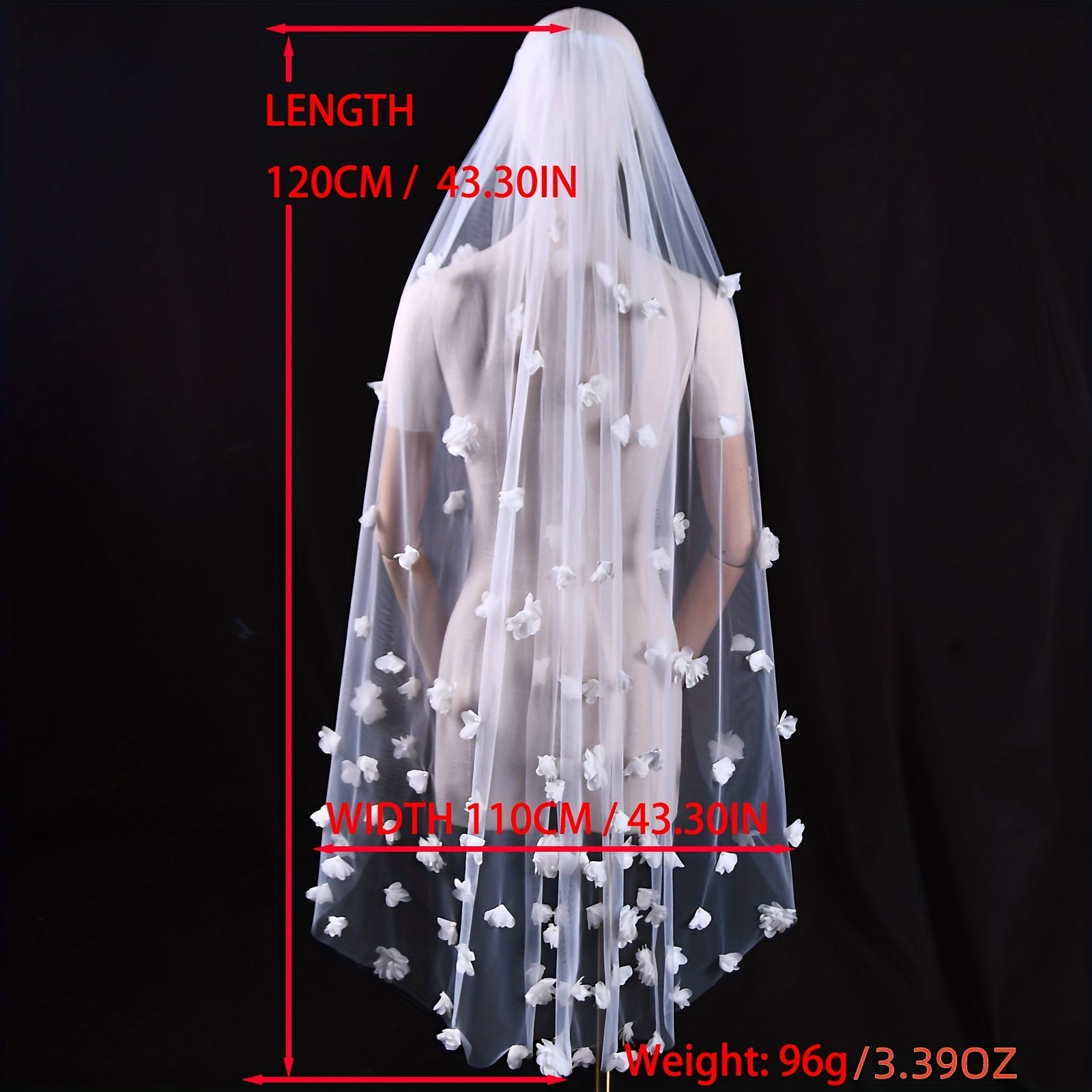 Elegant Bridal Veil 1.2m Long Single Layer with 3D Floral Design and Comb