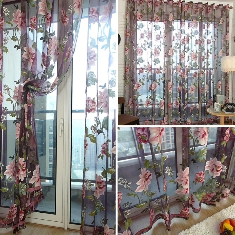 French Country Style Peony Floral Sheer Curtain 100cm x 200cm Rod Pocket Window Treatment for Bedroom and Living Room