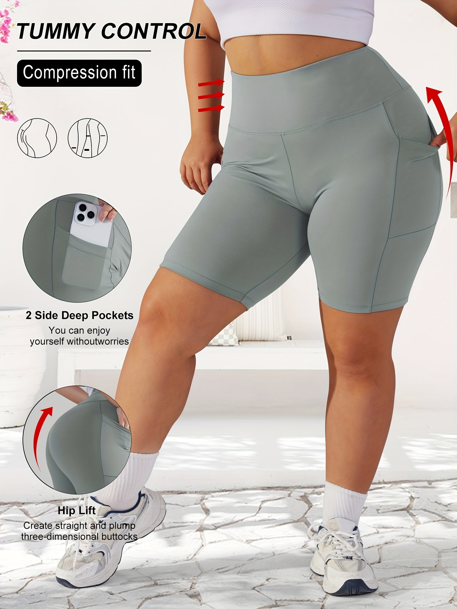 Women's Plus Size High-Waist Tummy Control Workout Shorts with Pockets