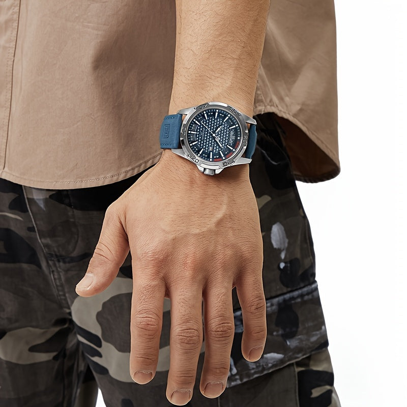 Men's Quartz Sports Watch with Faux Leather Strap and Round Zinc Alloy Case