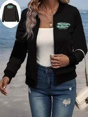 Plus Size Women's Bomber Jacket with Letter Print Black Green Contrast Zipper