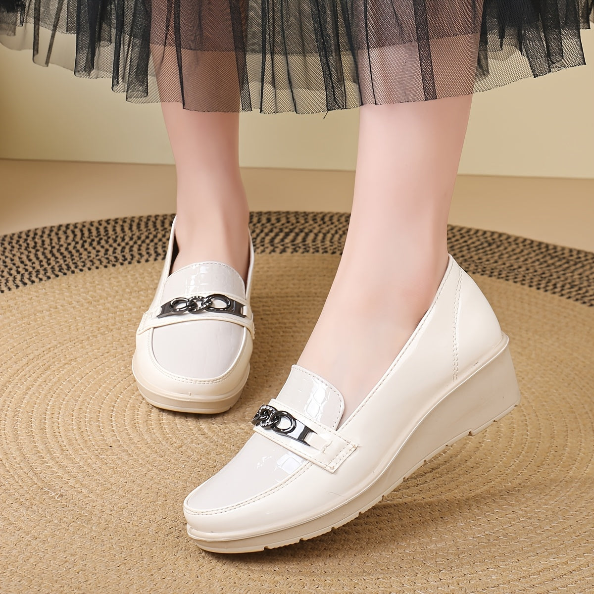 Women's Slip-On Loafers Faux Leather Glossy Finish Buckle Casual Comfortable