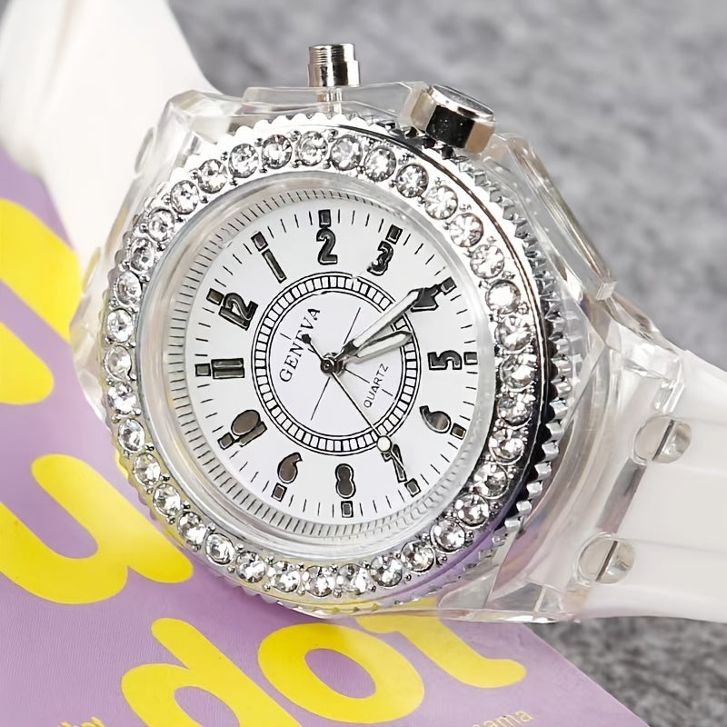 LED Circular Watch for Couples with Rhinestones Silicone Strap Sports Wristwatch