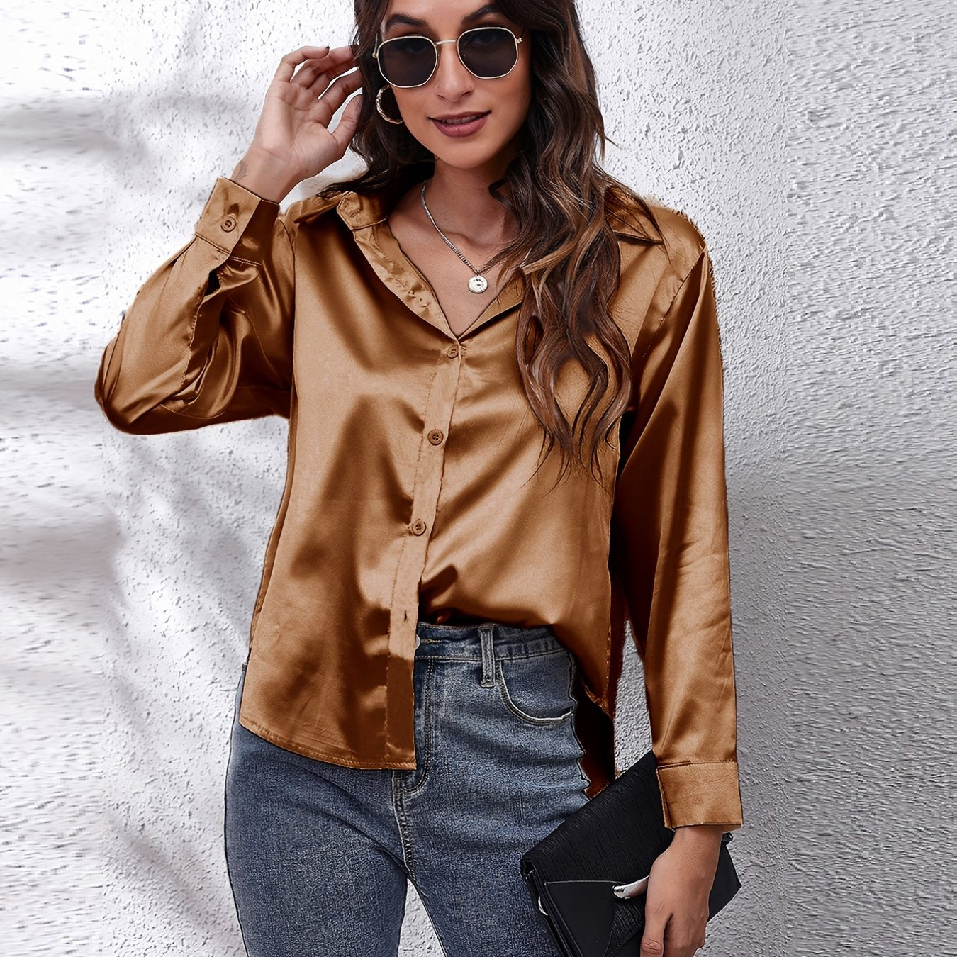 Women's Satin Shirt Long Sleeve Solid Color Lapel Collar Regular Length Single Breasted Elegant Polyester