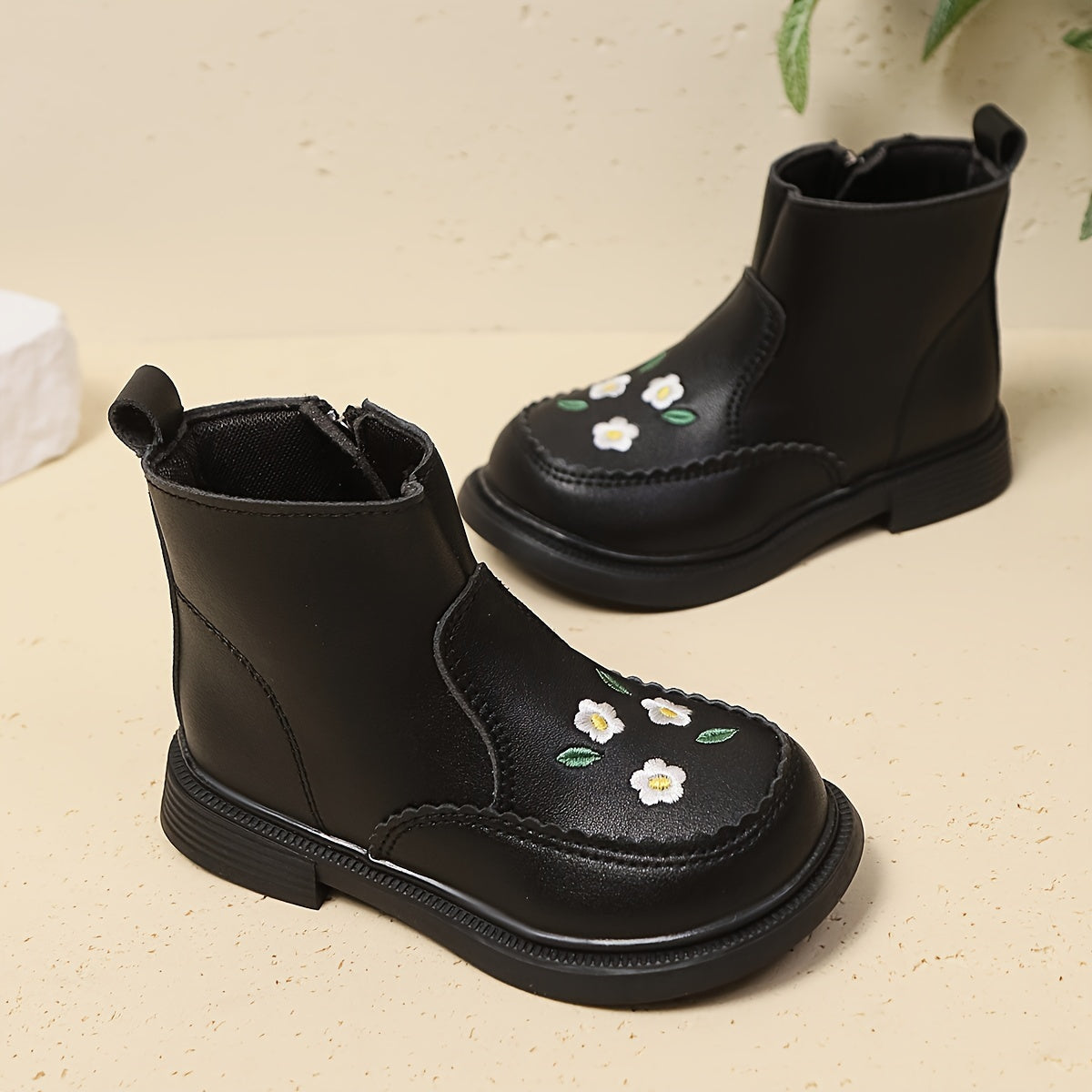 Girls Ankle Boots Floral Embroidery PU Upper Rubber Sole Zipper Closure Fall Winter