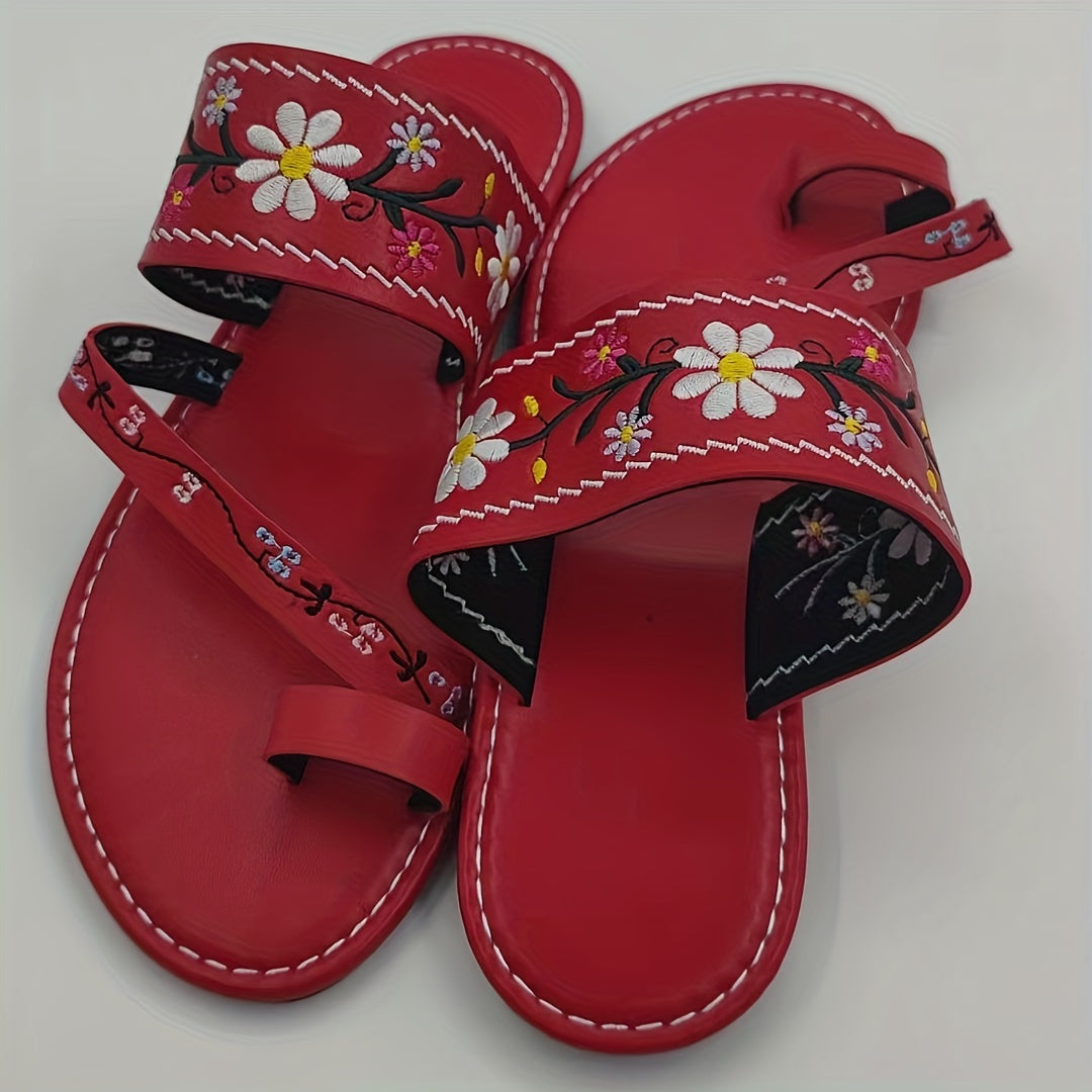 Ladies Open-Toe Embroidered Summer Slippers Breathable Flat Shoes