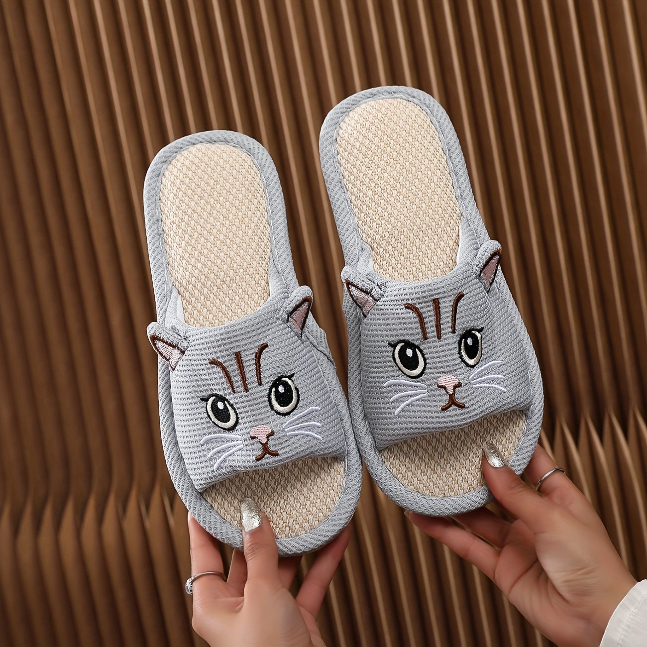 Kids or Adults Cartoon Cat Slippers Linen EVA Sole Non-Slip Open-Toe