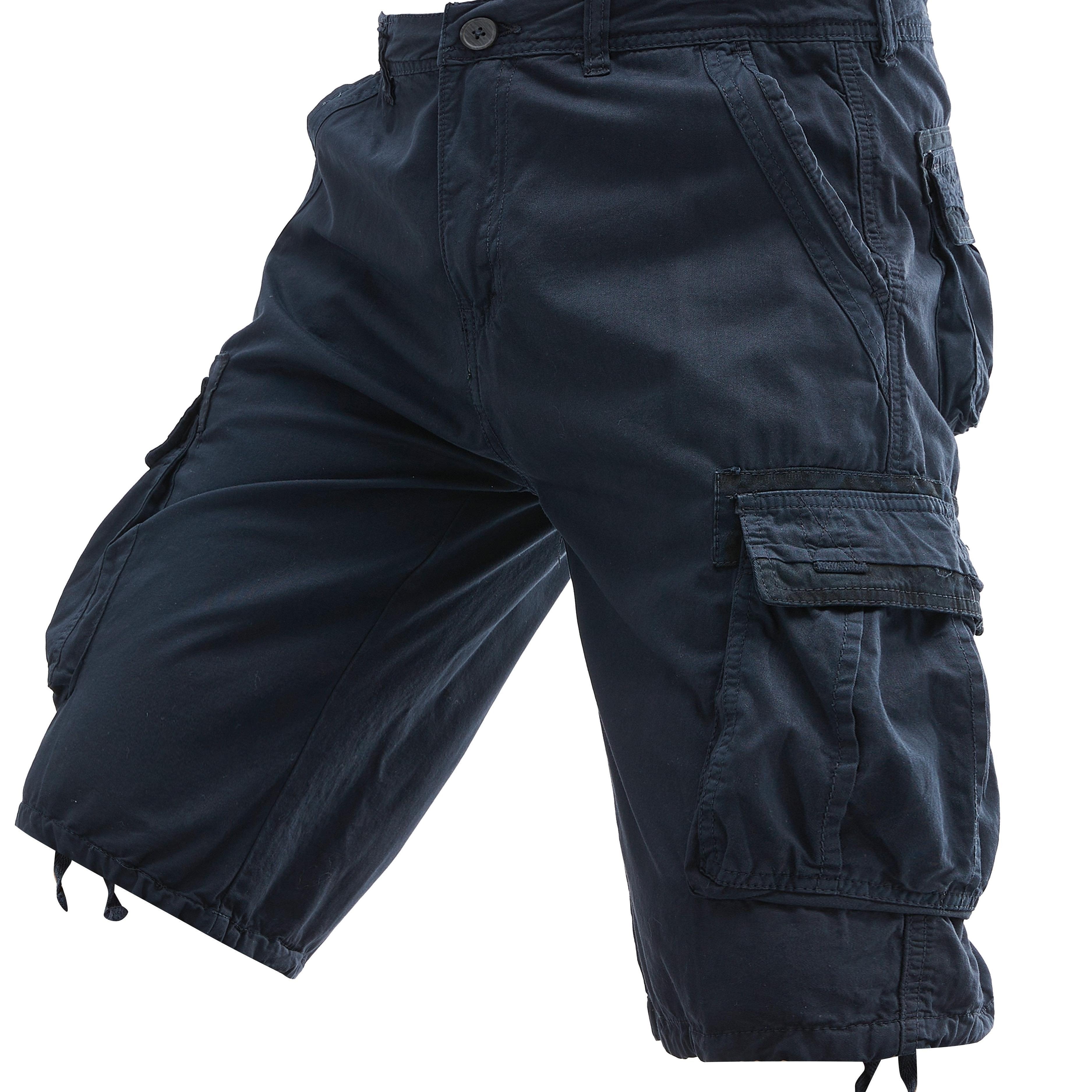 Erkaklar uchun ortiqcha kattalikdagi paxta yuk shortlari, cho'zilmaydigan, bir nechta cho'ntaklar, bir rangda, keng kesimda va to'qilgan mato.