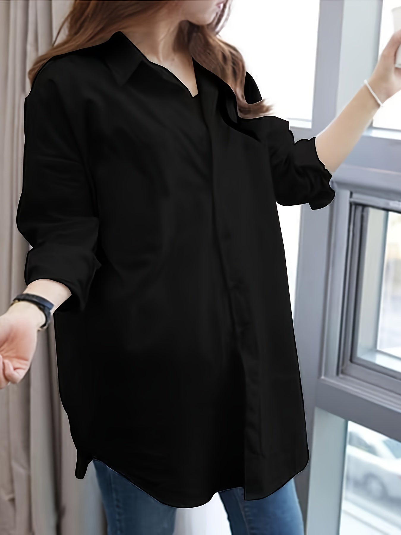 Women's Long Sleeve Blouse with Lapel Collar Button Detail Mermaid Hem Loose Fit for All Seasons