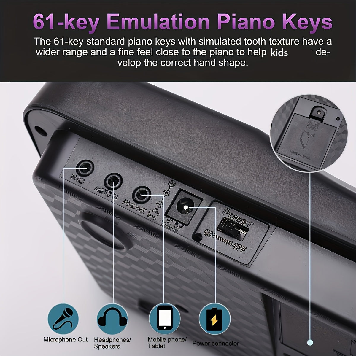 Black 61-Key Digital Piano Keyboard with Microphone Battery and USB Power