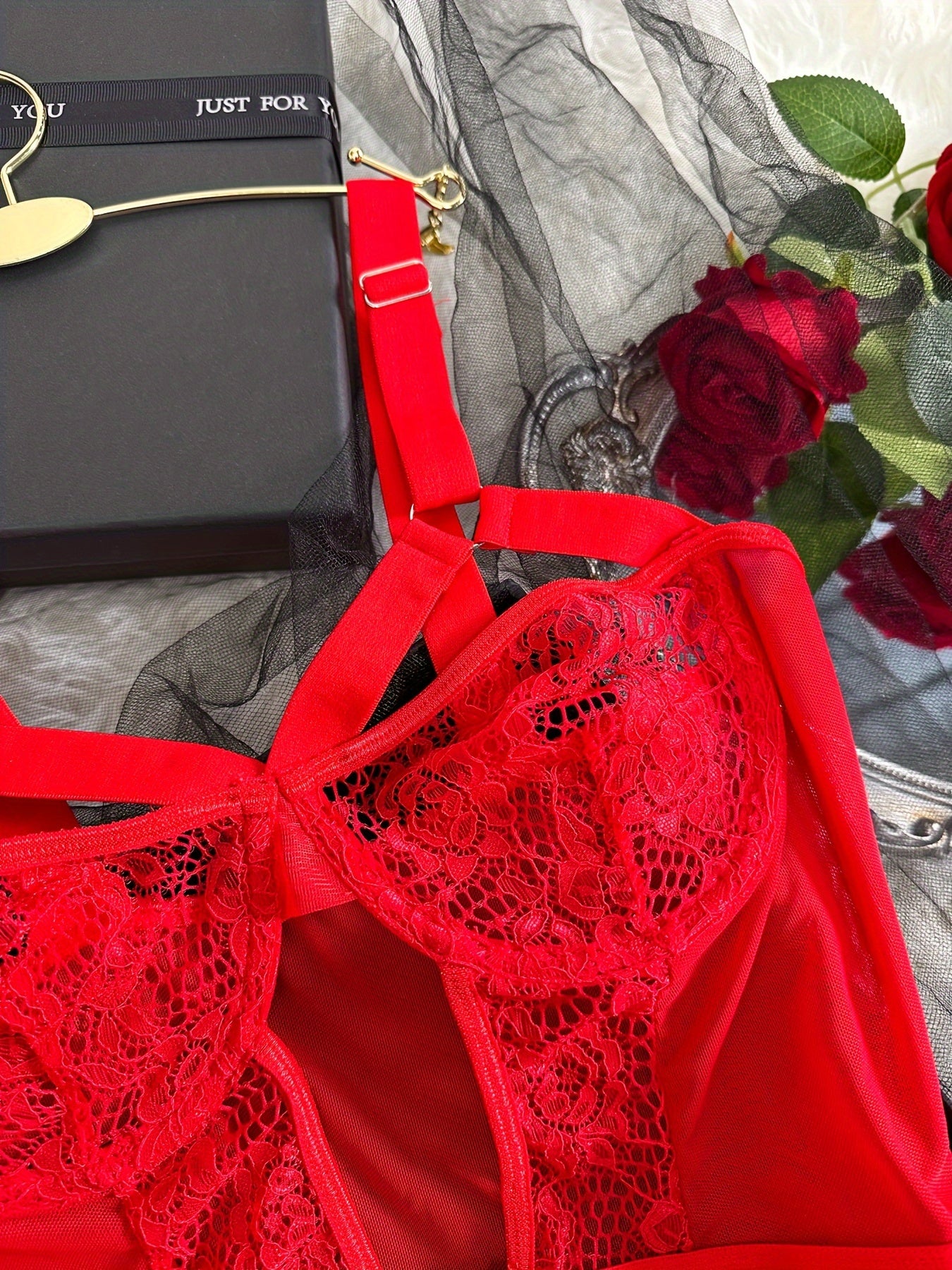 Women's Lace Teddy and Thong Bodysuit with Heart Trim Sexy Lingerie