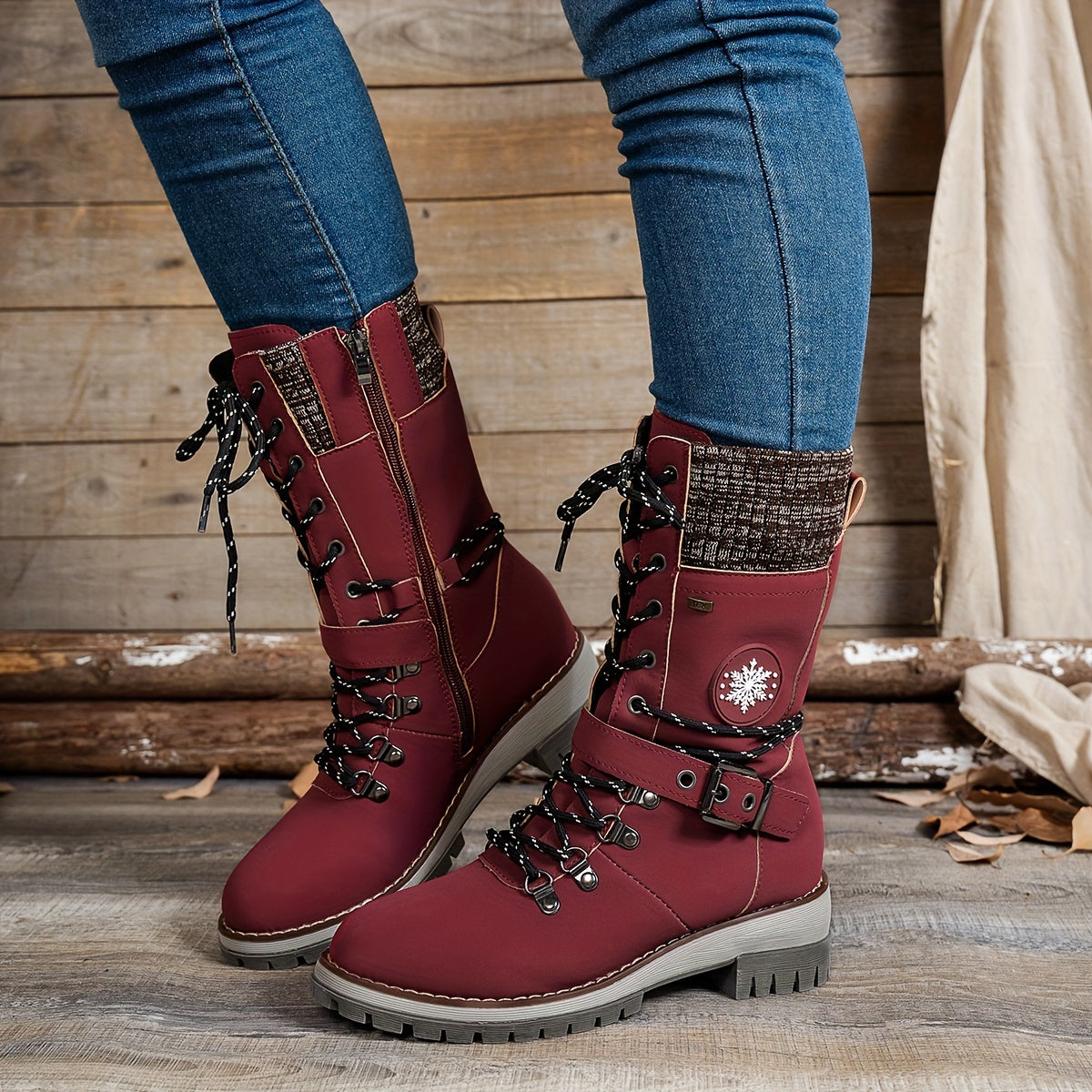 Women's Knitted Splicing Mid Calf Boots Lace Up Side Zipper Chunky Heeled Outdoor