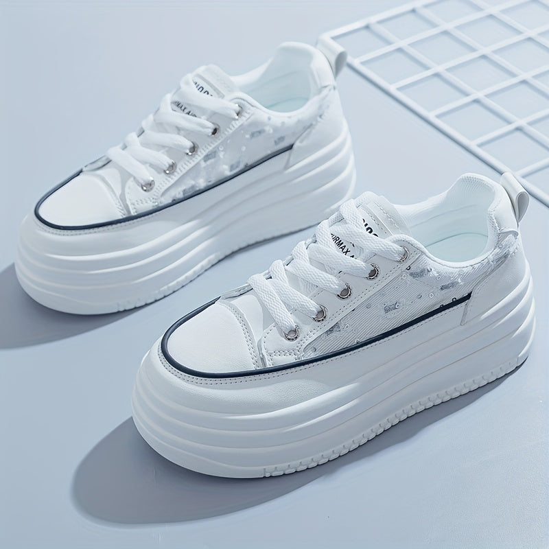 Women's Casual White Sneakers Low-Top Lace-Up Breathable Fabric