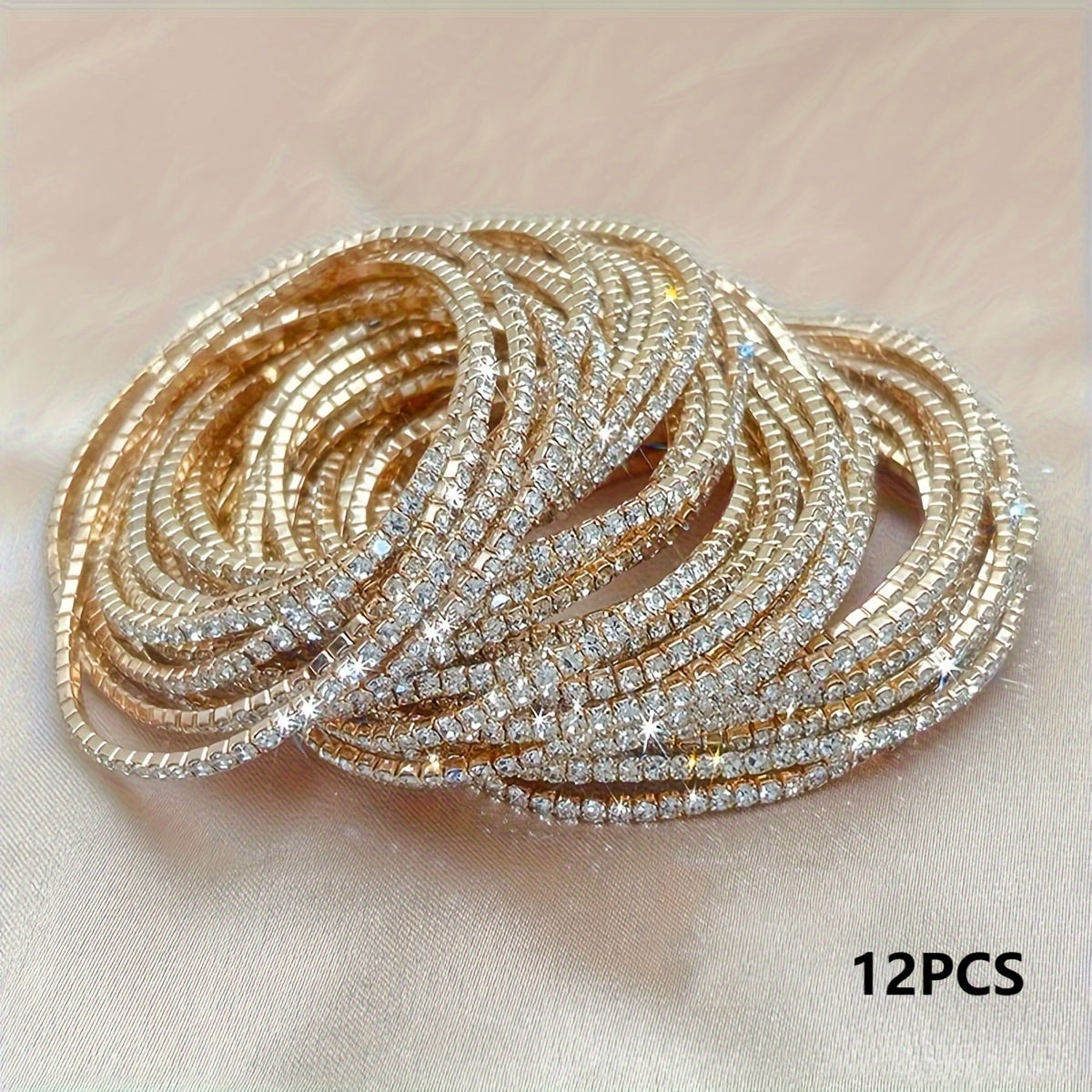 Women's Rhinestone Tennis Bracelets Set 12-Piece Elastic Bangle for Daily Wear