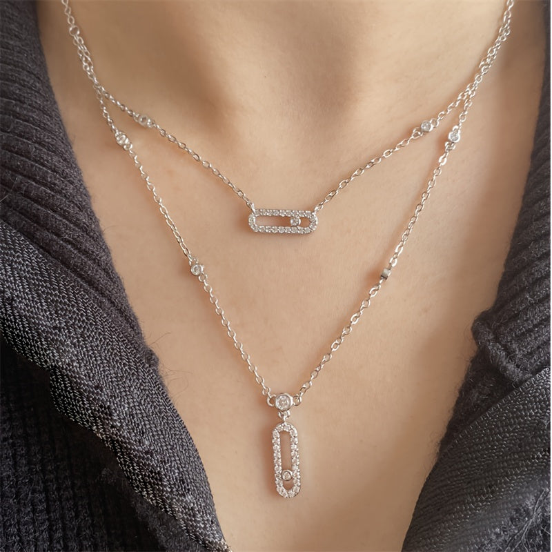 Women's Necklace with Double Paperclip Layers and Cubic Zirconia