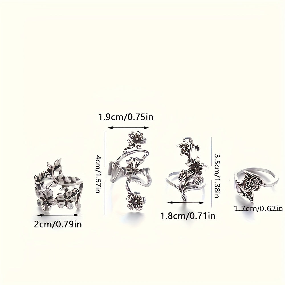 Women's Antique Silver Hollow Pattern Stackable Ring Set Ethnic Style