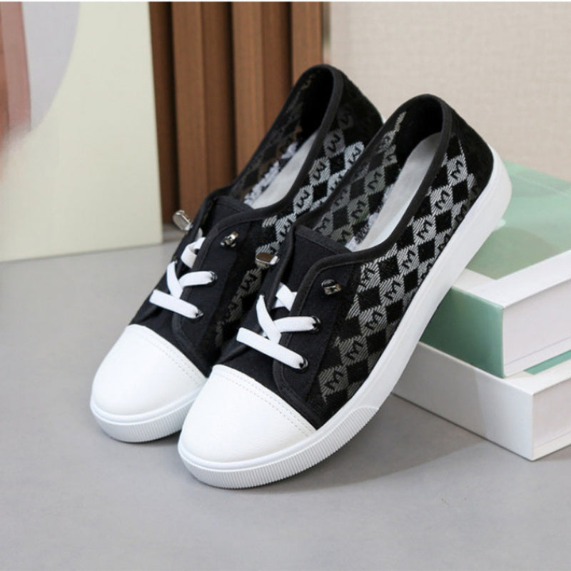 Women's Mesh Sneakers Comfortable Low-Top Lace-Up Shoes Black White