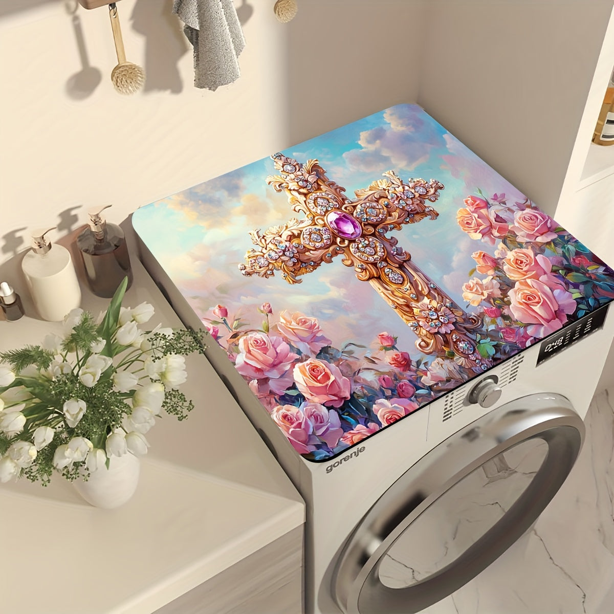Rose Printed Washing Machine Dust Cover with Non-Slip Top Mat for Laundry Room
