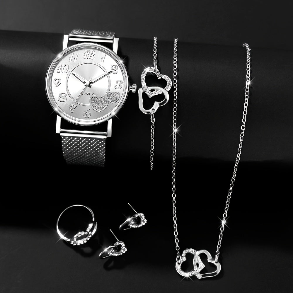 Women's 6-Piece Jewelry Set with Heart-Shaped Quartz Watch and Matching Accessories