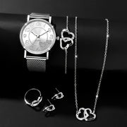 Women's 6-Piece Jewelry Set with Heart-Shaped Quartz Watch and Matching Accessories