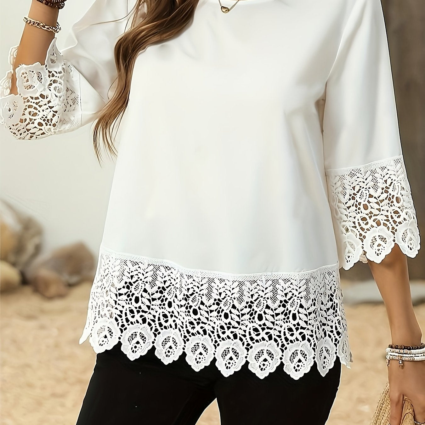 Plus Size White Blouse for Women Polyester Round Neck Half Sleeve Spring Summer