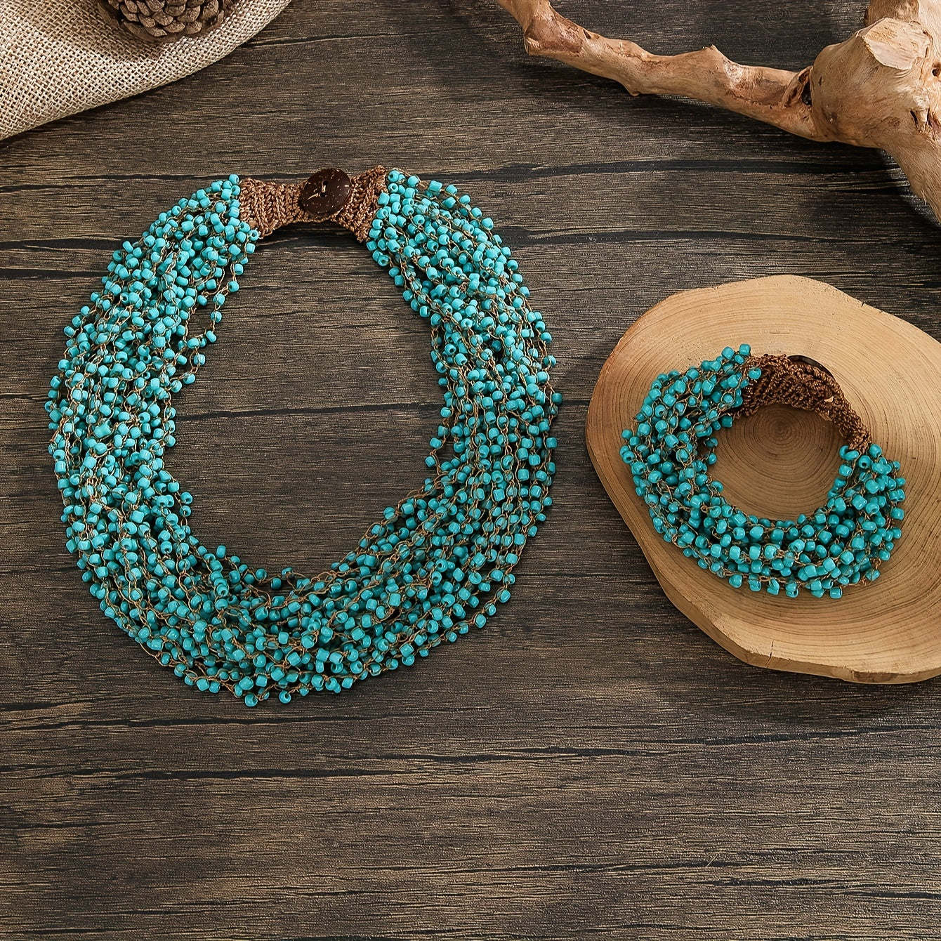 Vintage Boho Beaded Crochet Necklace Set with Green Collar for Festival and Daily Wear