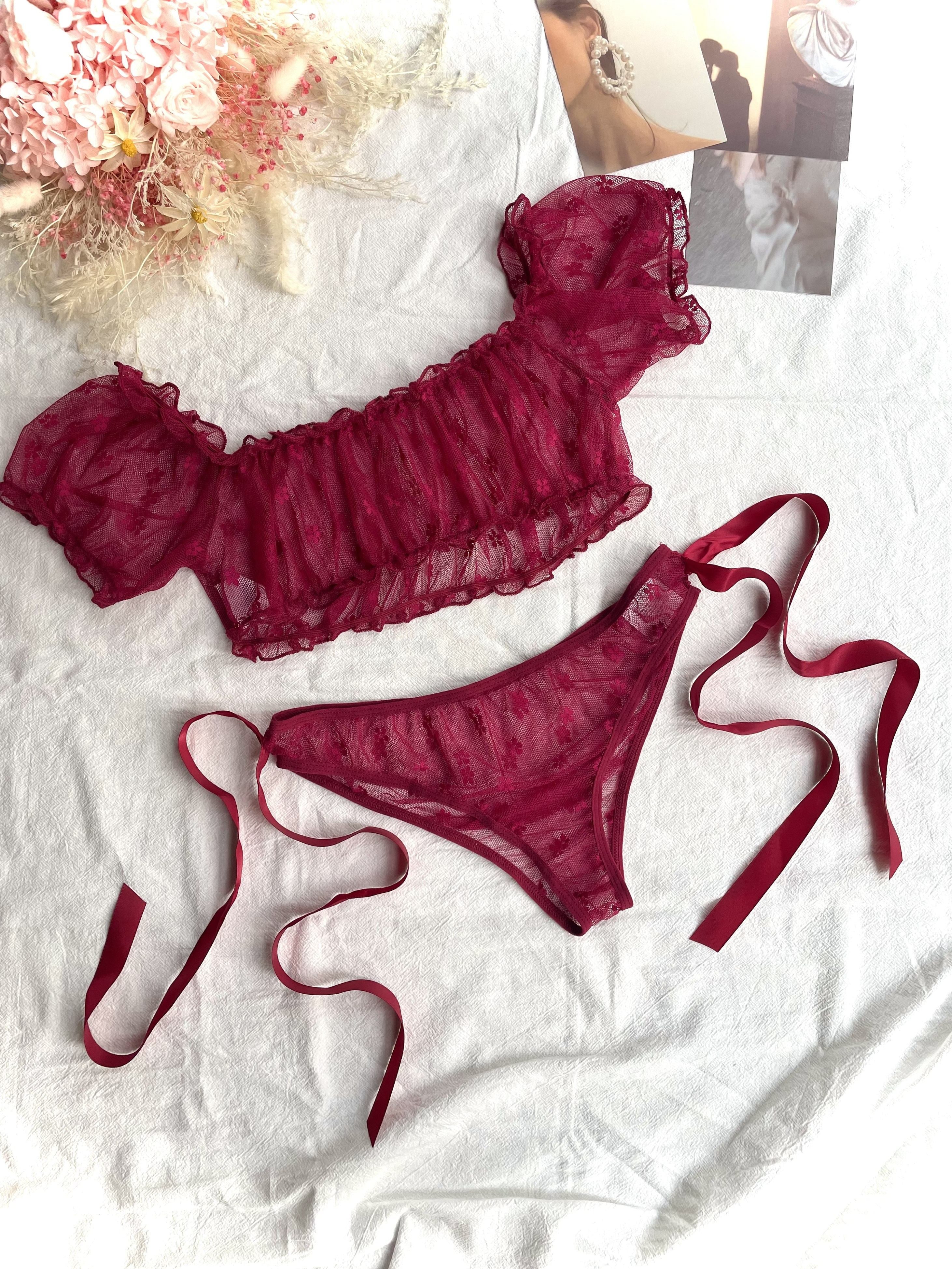 Women's Red Lace Lingerie Set with Off-Shoulder Bra and Low-Rise Panties