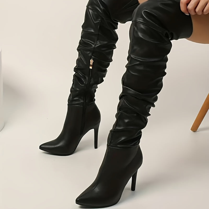 Women's Faux Leather Stiletto Heel Boots with Pointed Toe and Side Zipper