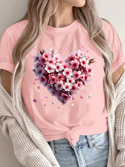 Women Plus Size Loose T-Shirt with Heart Pattern Cotton Short Sleeves