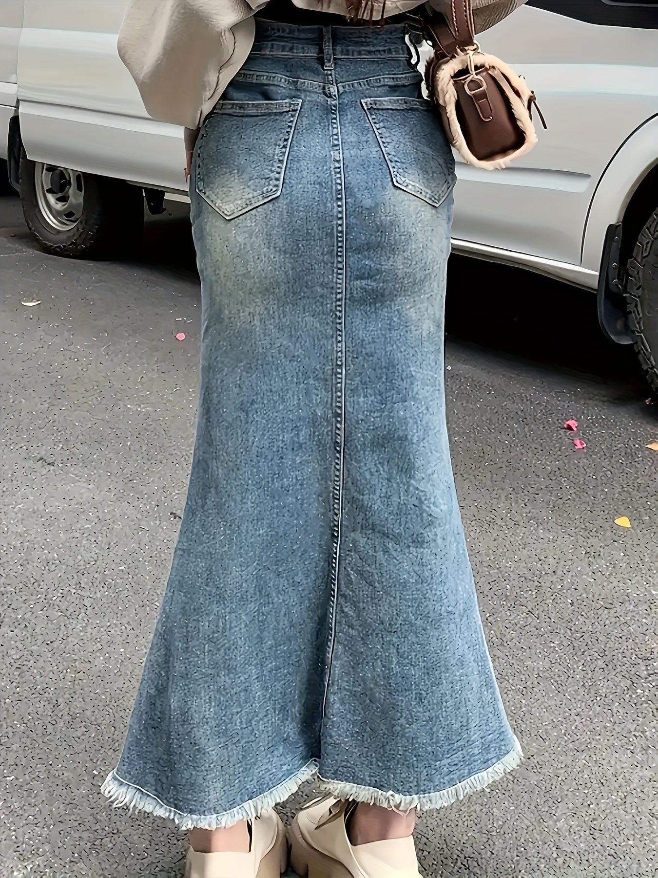 Plus Size Denim Skirt Lace Up Raw Hem Blue Maxi Mermaid Elegant Women's Clothing