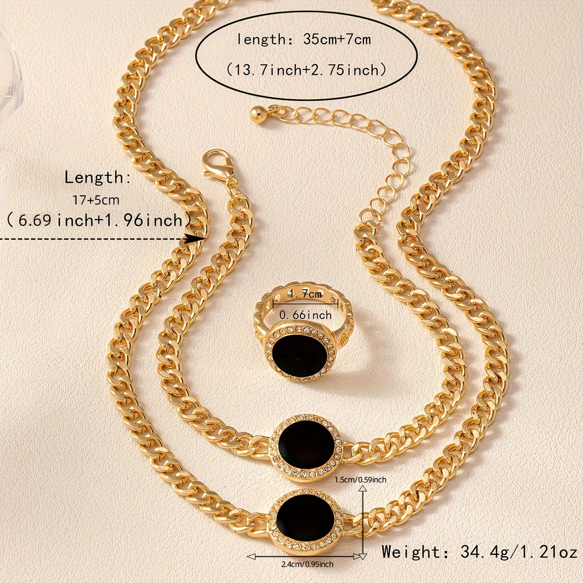 Black Circular Jewelry Set Necklace Ring Bracelet 3-Piece Stylish Accessories