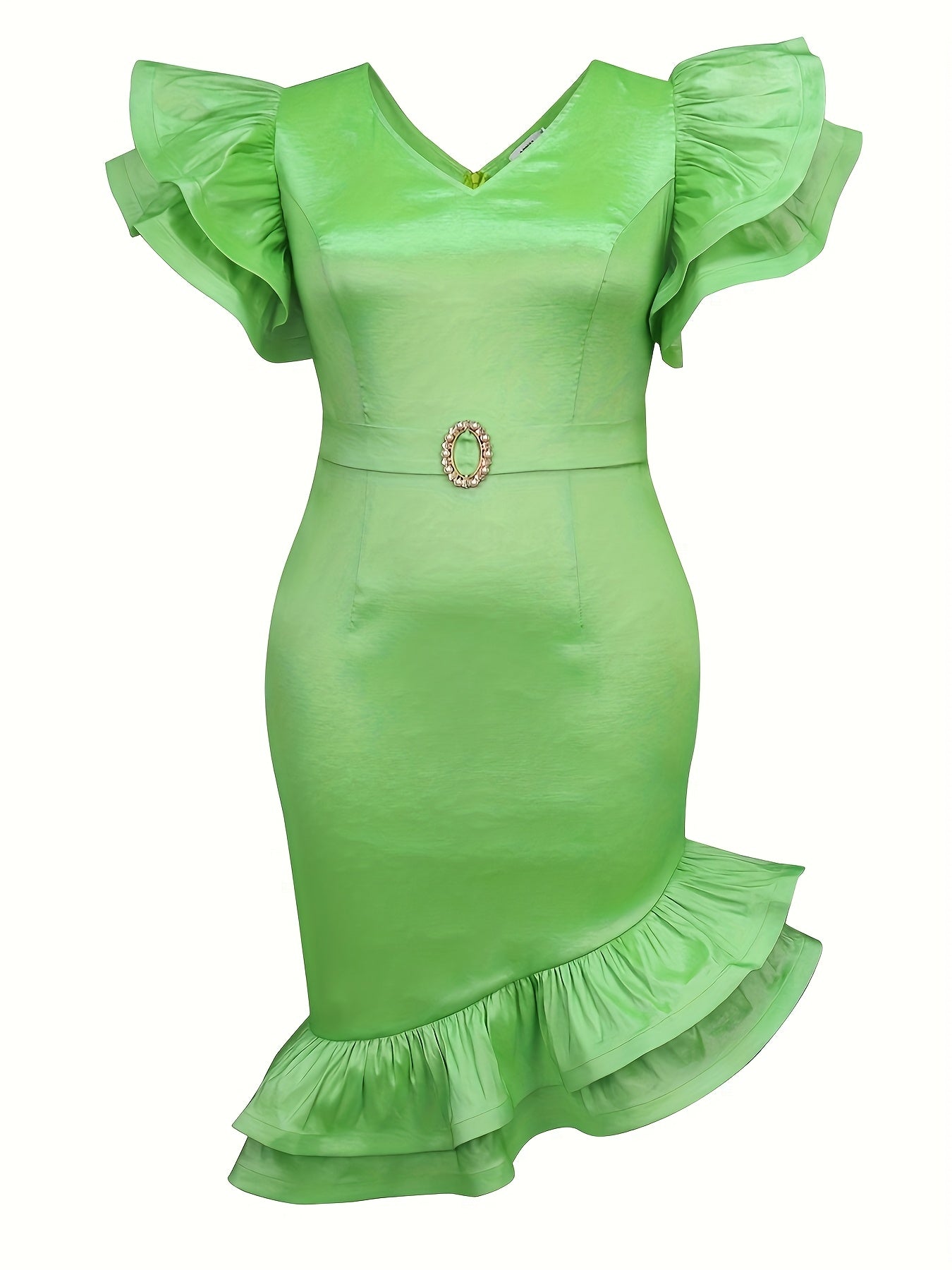 Women's Emerald Green Bodycon Dress V-Neck Ruffle Sleeves Adjustable Belt