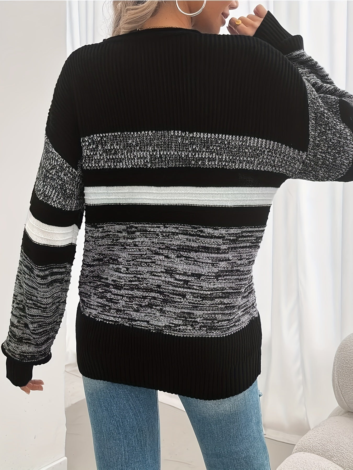 Women's Plus Size Knit Sweater, Striped Pullover, All-Season Casual, Acrylic