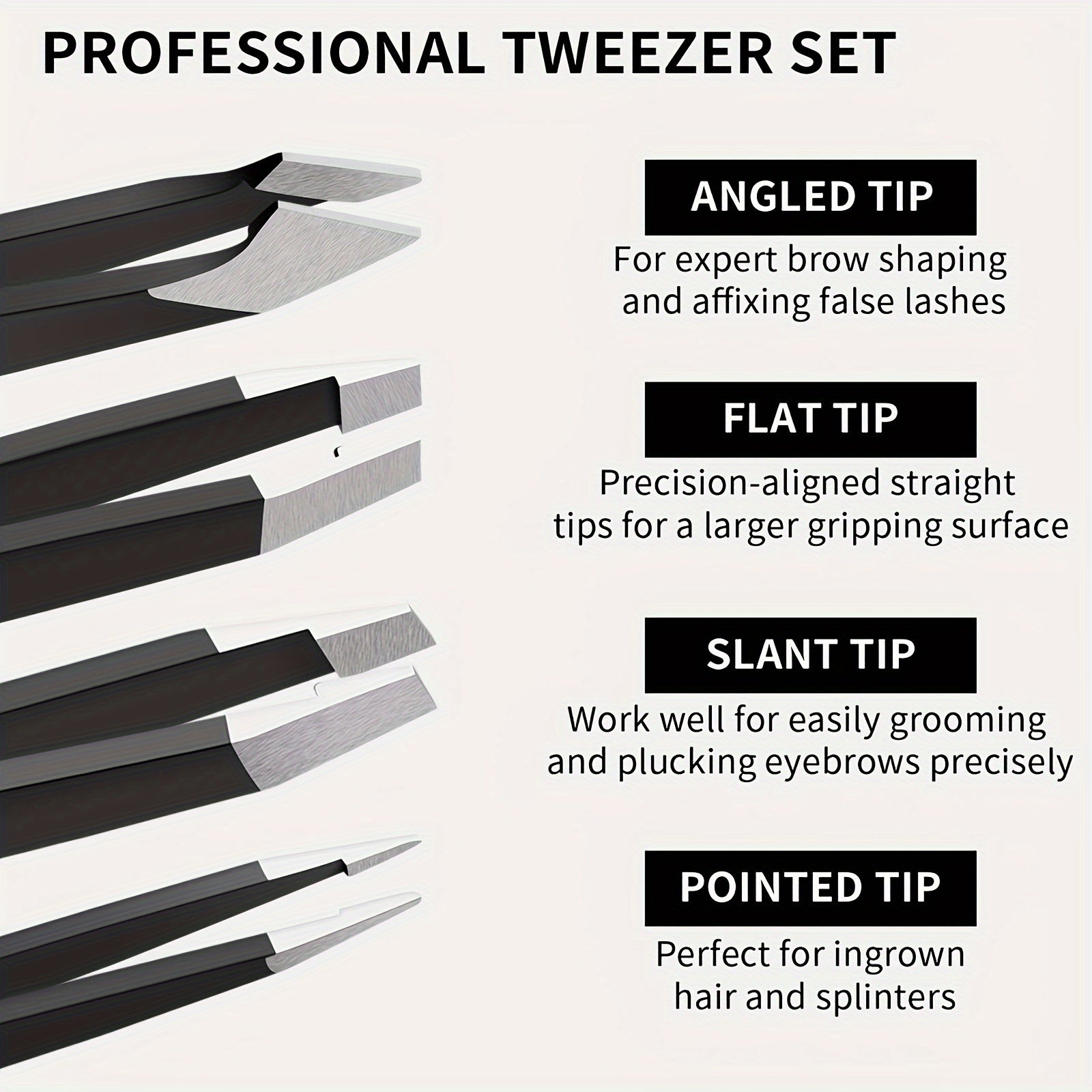 Professional Precision Tweezers Set for Eyebrow, Splinter, Ingrown Hair Removal