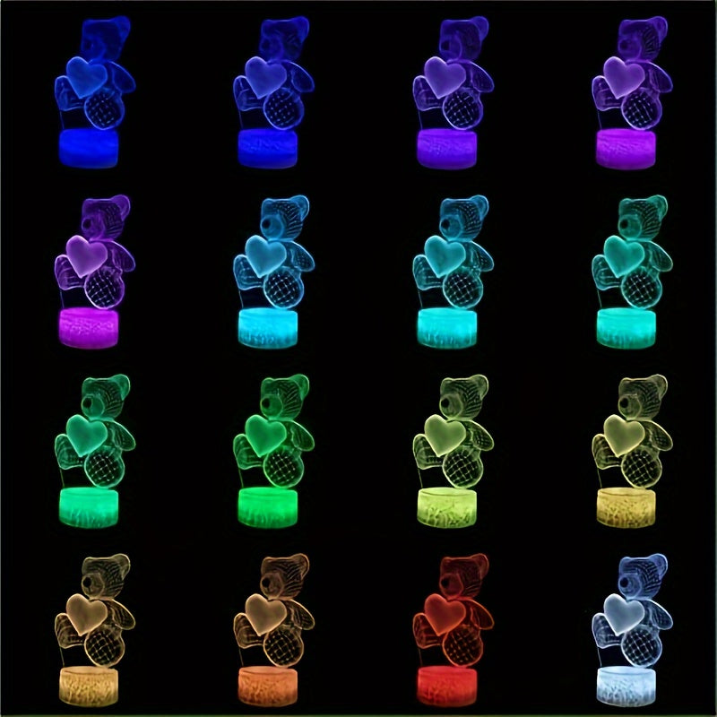 Yoqimli ayiq va yurak LED kechqurun chiroqi 3D akril stol lampasi yotoq xonasi dekoratsiyasi uchun