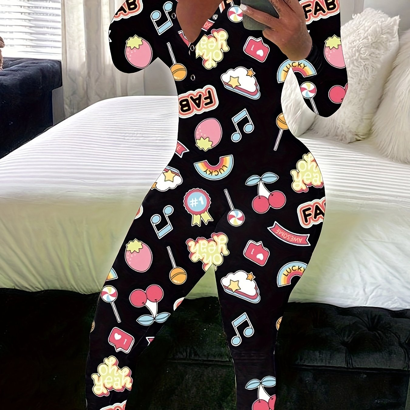 Women's Lounge Jumpsuit Polyester Casual V-Neck Long Sleeve Button Print