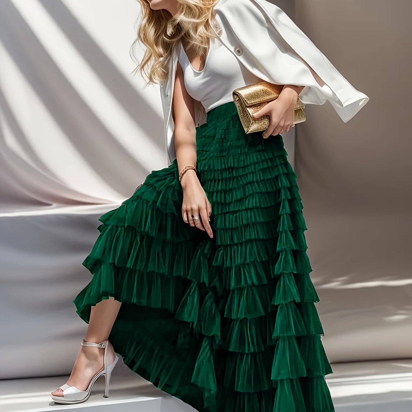 Women's Tiered Ruffle Tulle Skirt Solid Color Spring Summer Casual