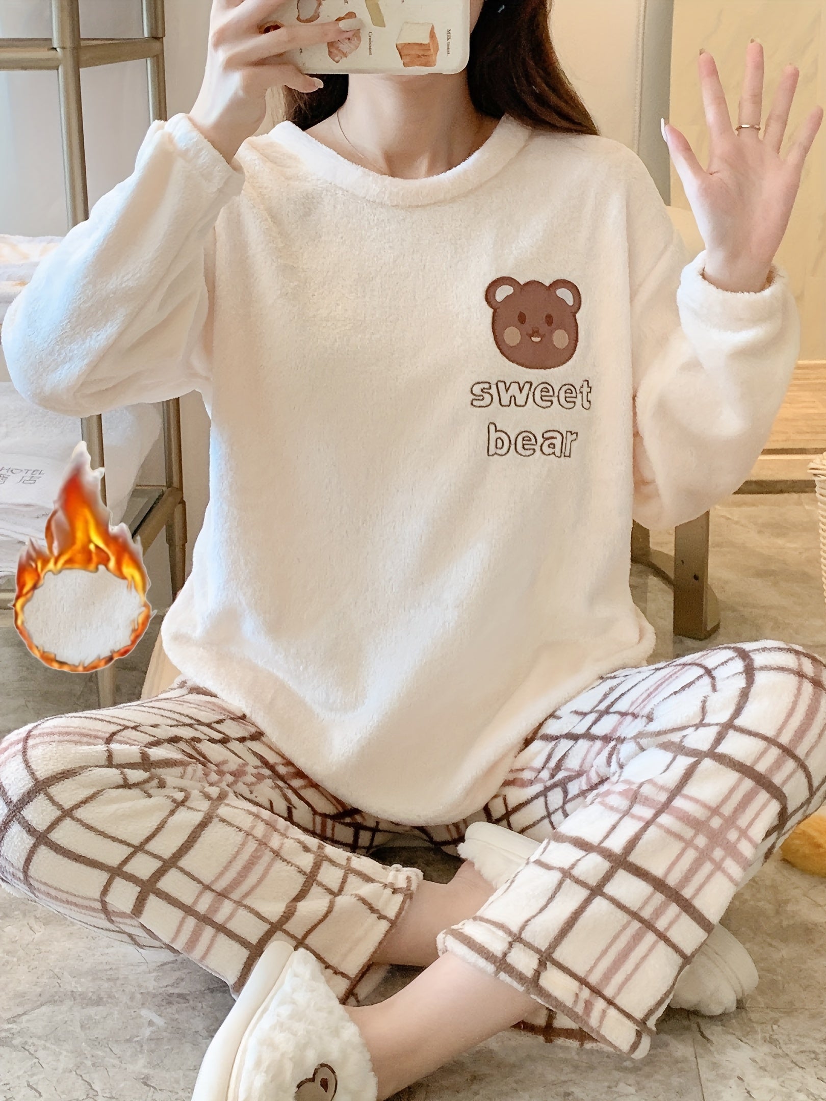 Women's Teddy Bear Pattern Pajama Set Long Sleeve Plaid Pants Winter
