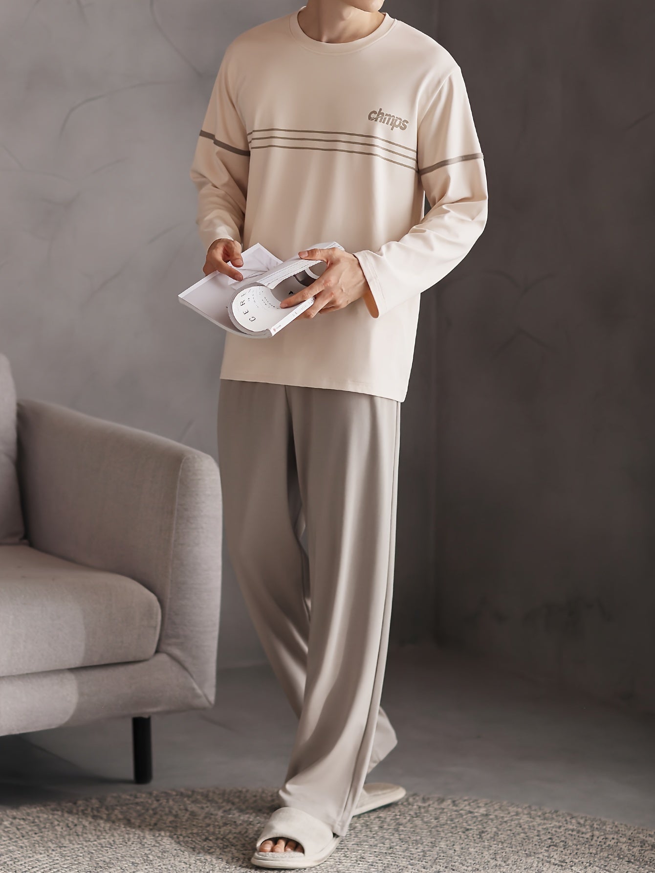 Conjunto de pijama de algodón para hombre, manga larga, con bolsillos, ropa casual para descansar en primavera y otoño