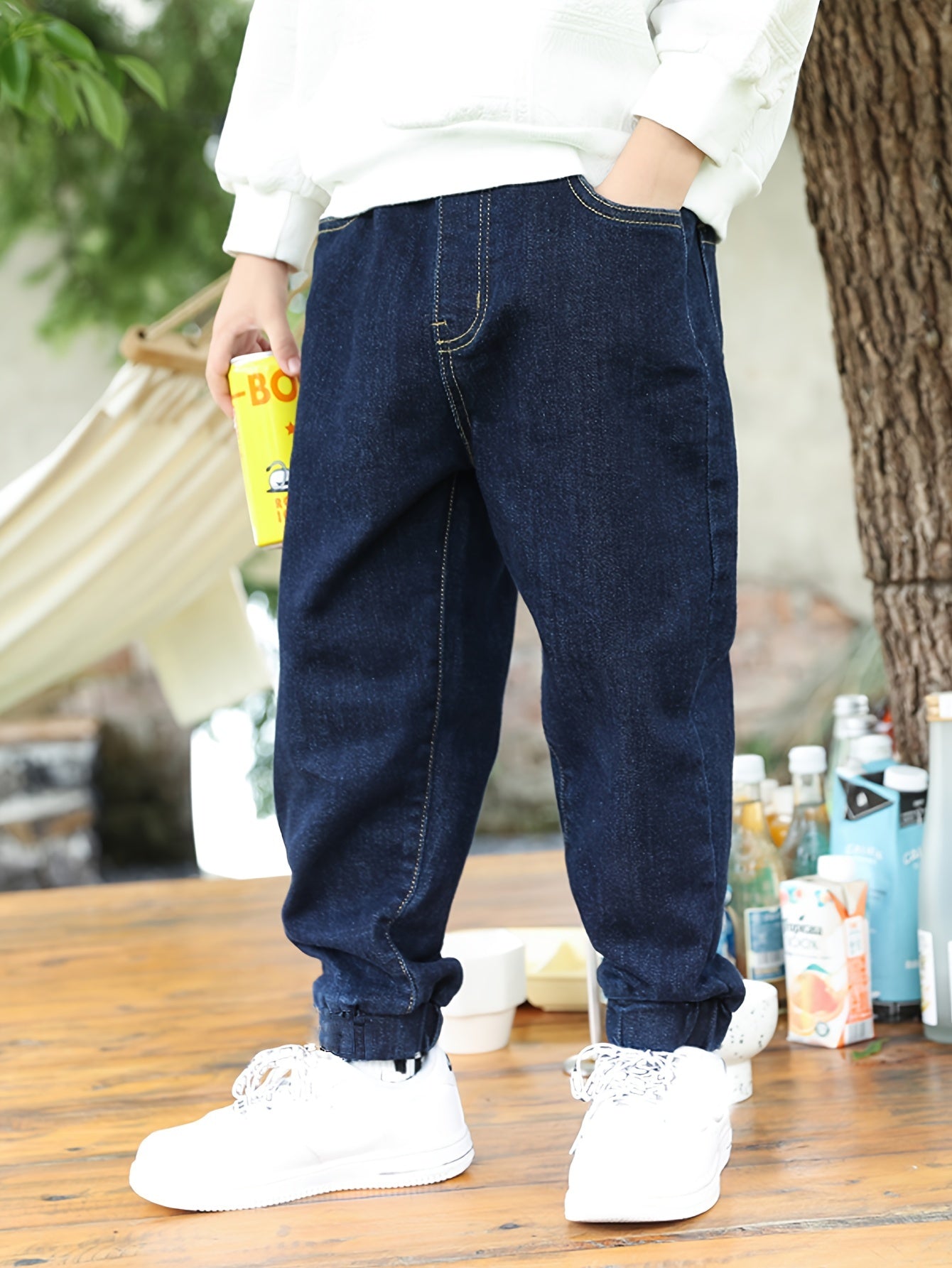 Boys High-Waisted Denim Jogger Pants with Elastic Waist and Cuffed Ankles