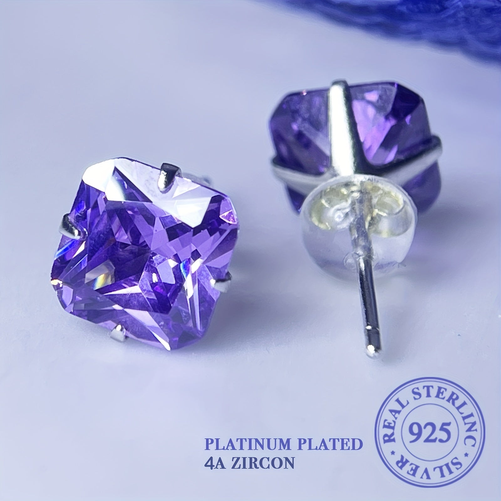 Sterling Silver Square Stud Earrings with Purple Zirconia Inlays for Wedding and Formal Wear